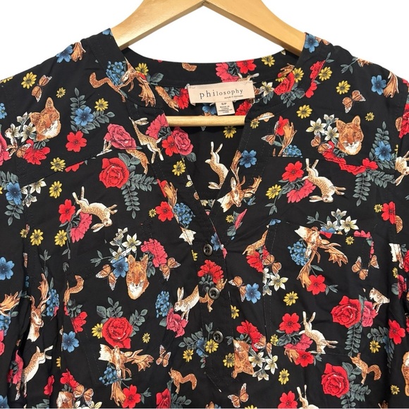 Philosophy Women's Small Black Bunny Rabbit Nature Floral Soft V-Neck Casual Top - Picture 4 of 6